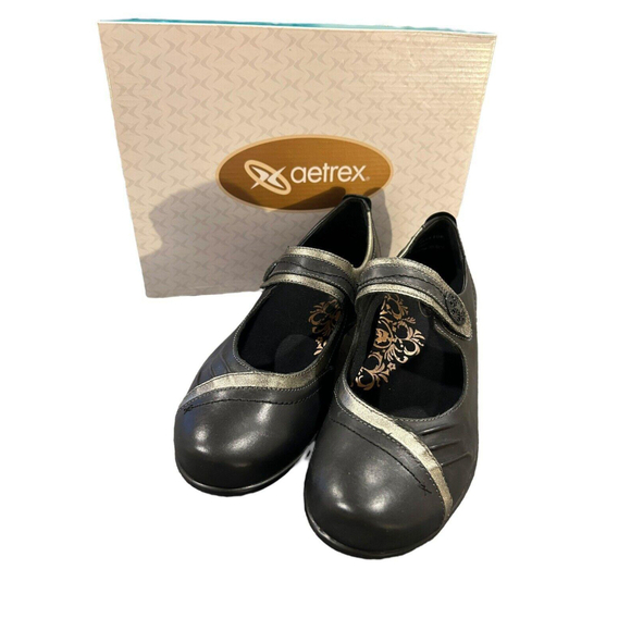 Aetrex Brianna Mary Janes Flats Leather Comfort Shoe Womens Size 9 Black NEW - Picture 2 of 12